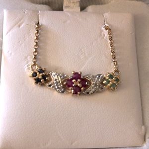 Gold over Sterling Silver Sapphire Ruby & Emerald Necklace with Diamond Accents
